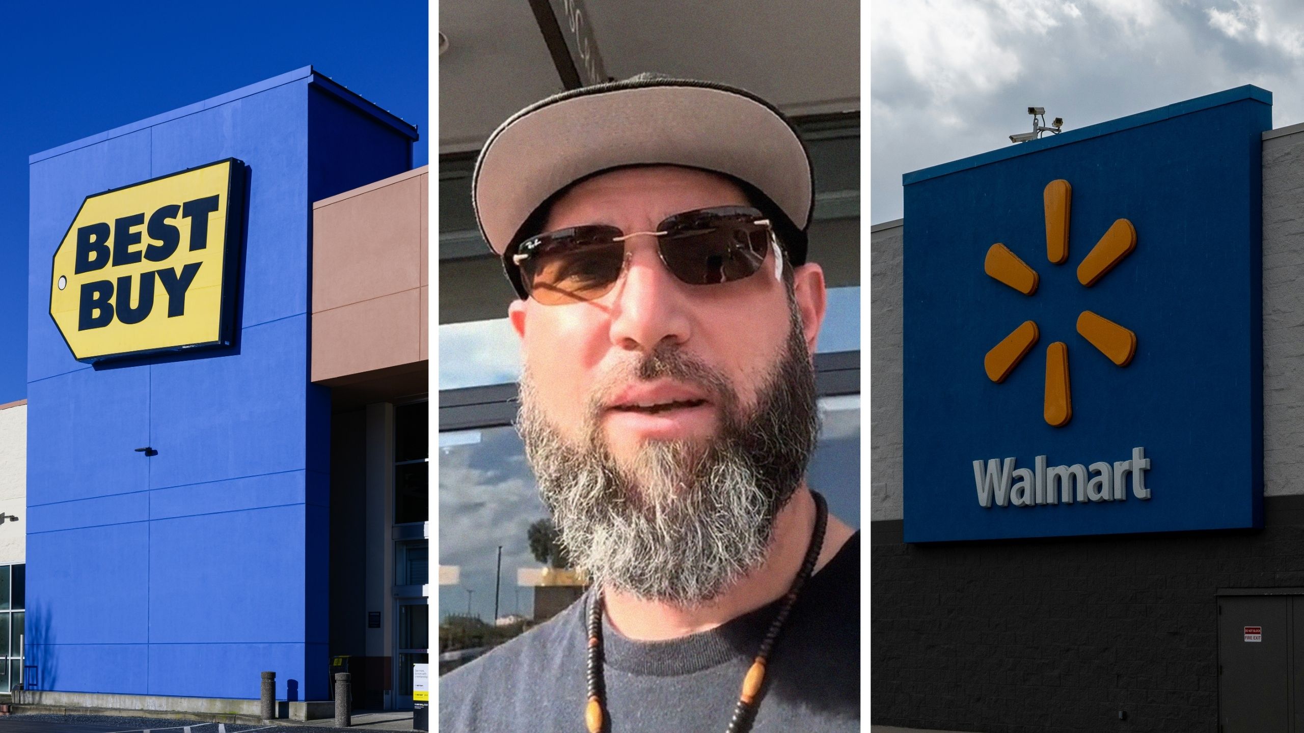 best buy entrance (l) man compares tv prices (c) walmart storefront (r)