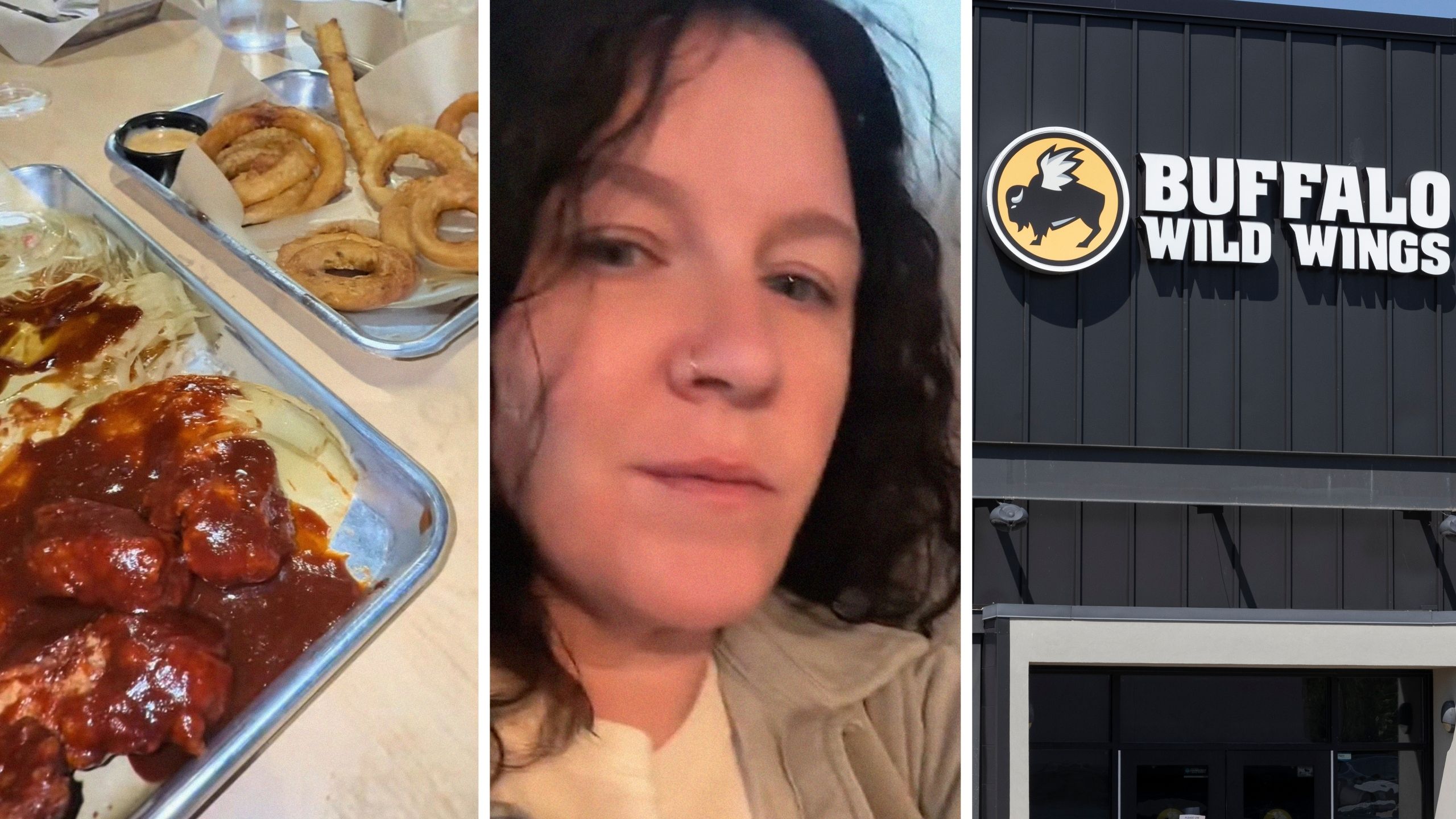 wings and onion rings (l) woman shares buffalo wild wings experience (c) Buffalo Wild Wings entrance (r)