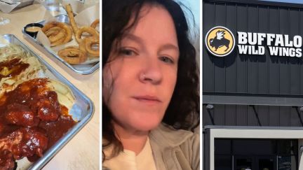 wings and onion rings (l) woman shares buffalo wild wings experience (c) Buffalo Wild Wings entrance (r)