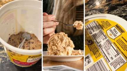 cookie dough bucket (l) woman bites into cookie dough (c) Nestle Toll House brand (r)