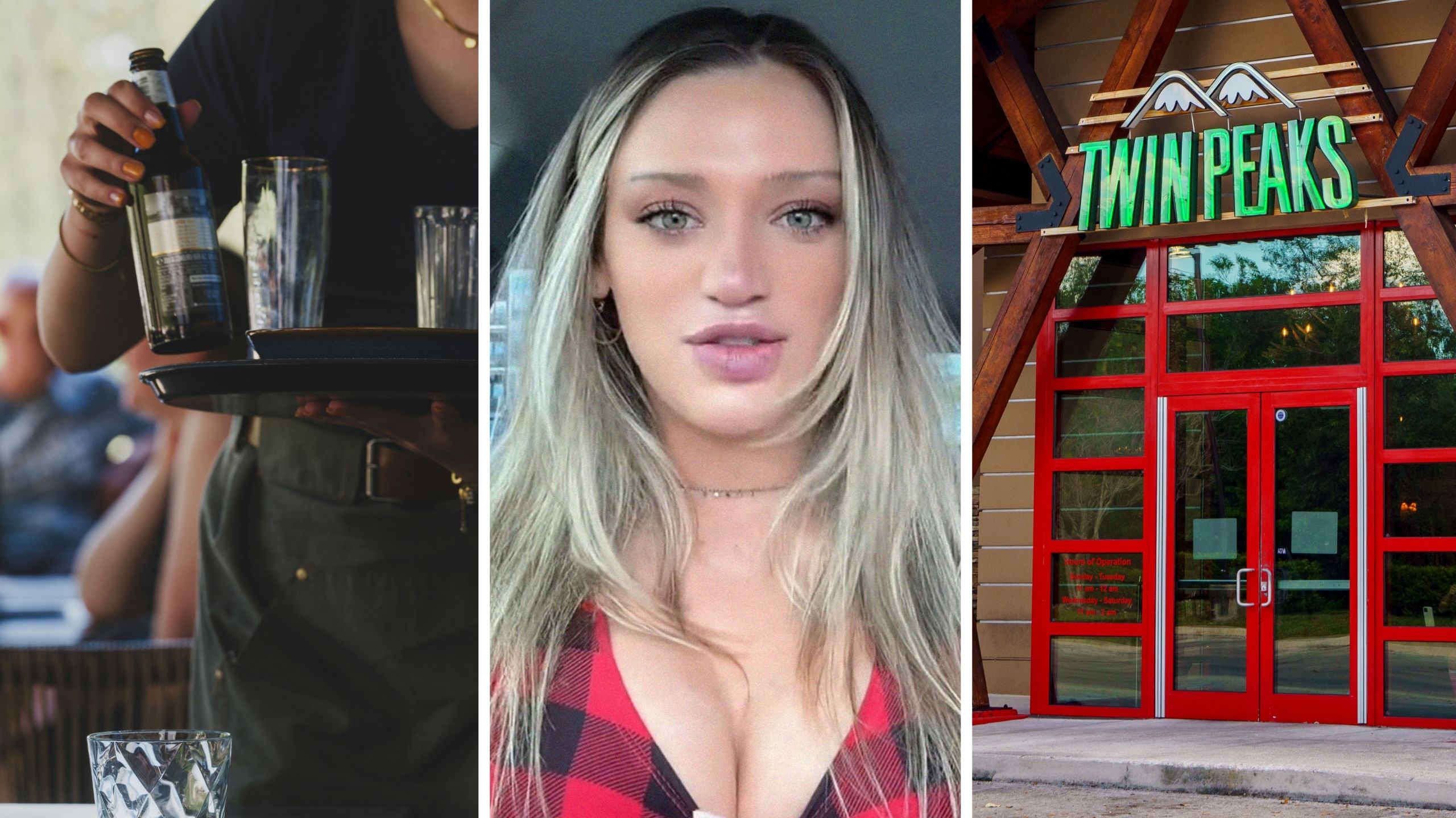 waitress clearing table (l) woman shares new job experience (c) Twin Peaks bar (r)