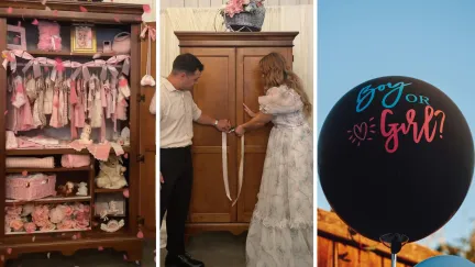 closet full of pink baby clothes (l) couple at their gender reveal (c) gender reveal balloon (r)