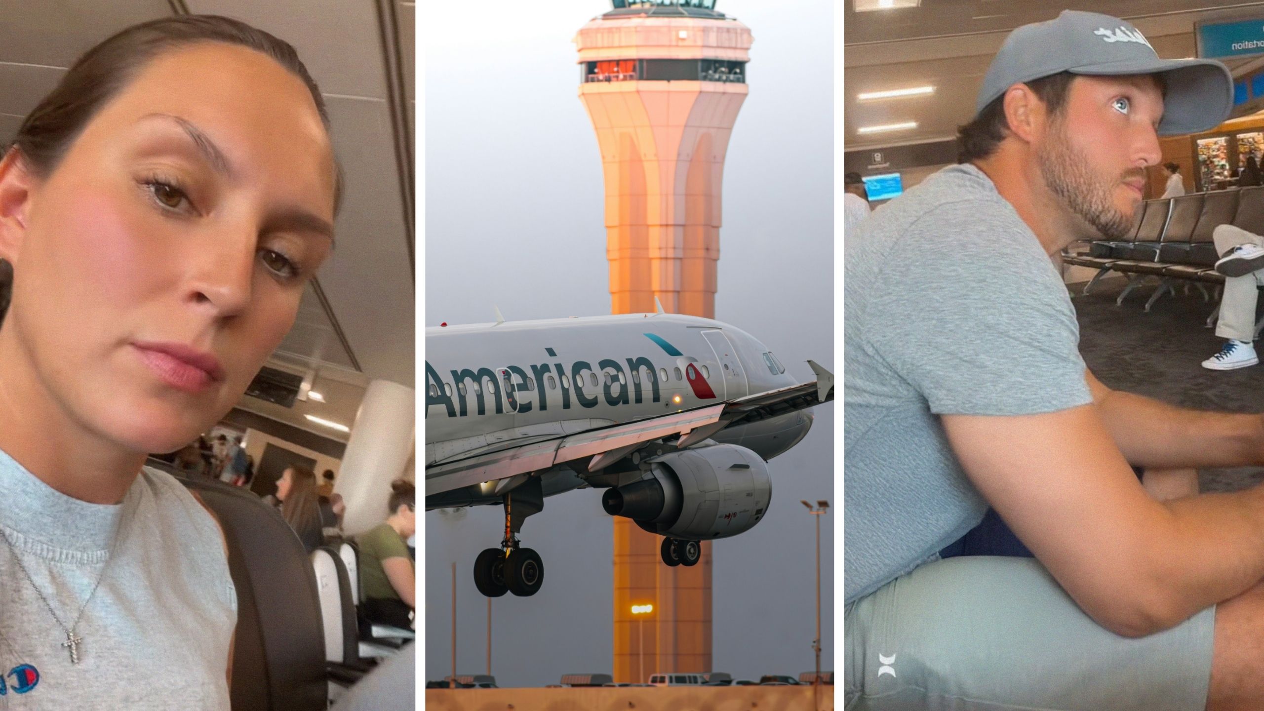 woman shares airline issue (l) American airlines (c) stressed partner (r)
