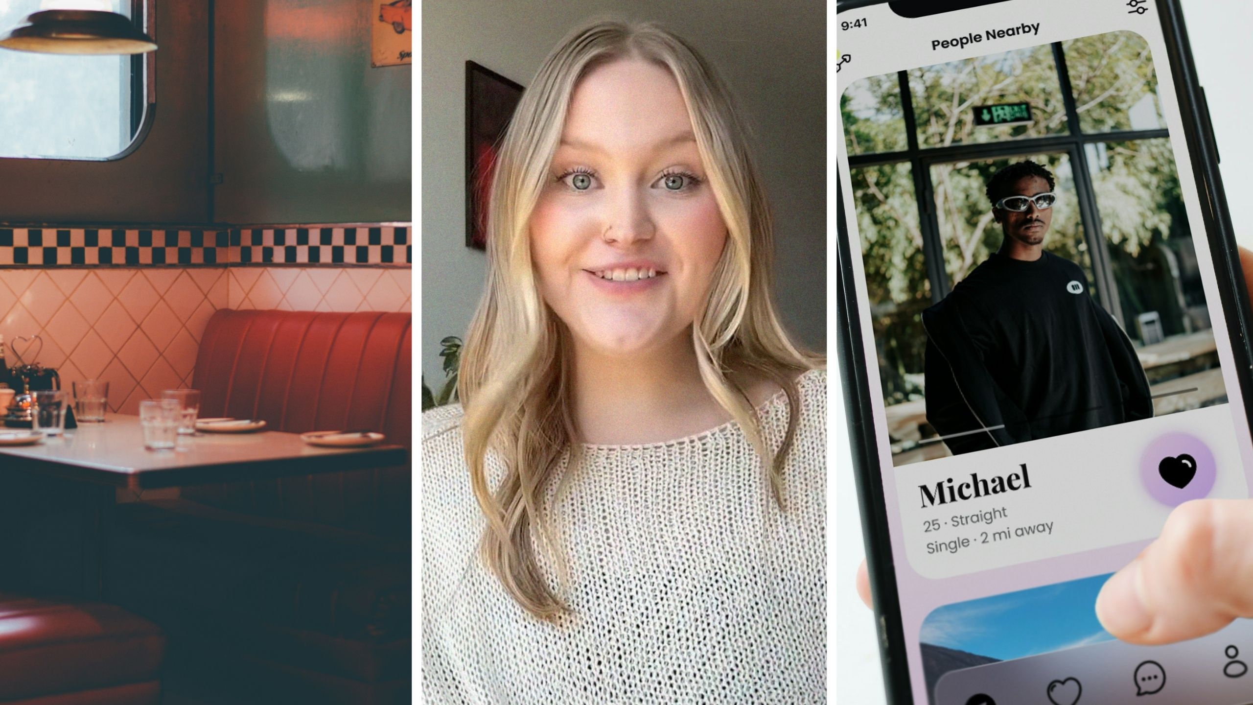 brunch booth (l) woman shares online dating experience (c) woman matches with man online (r)