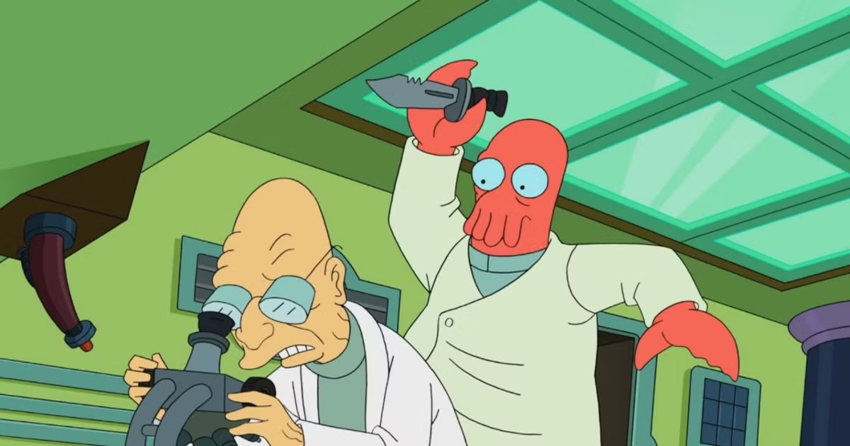 Dr. Zoidberg goes to stab the Professor in Futurama