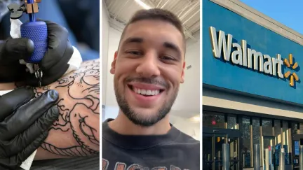 tattoo process (l) man shares his love for walmart (c) Walmart storefront (r)