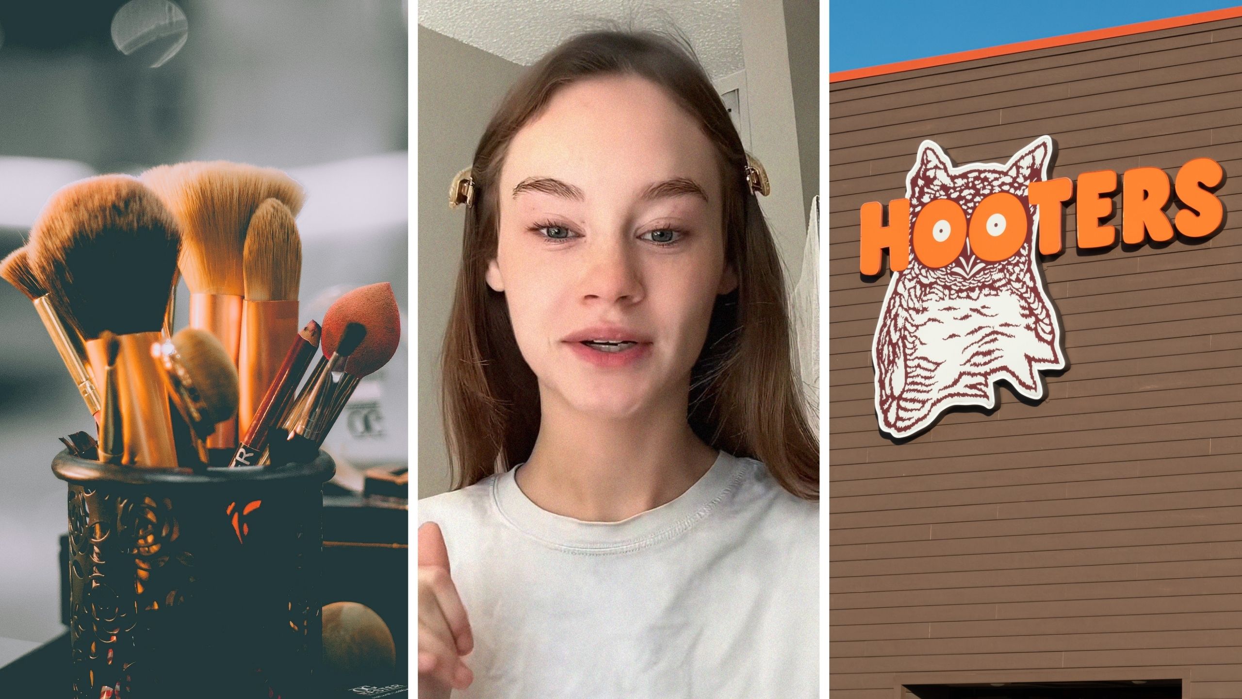 make up brushes (l) woman shares hooters job experience (c) Hooters entrance (r)