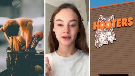 make up brushes (l) woman shares hooters job experience (c) Hooters entrance (r)