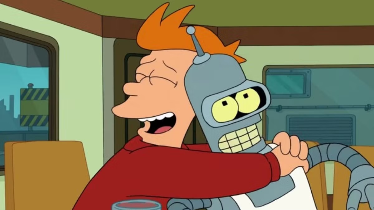Fry the human hugs his robot friend Bender in Futurama