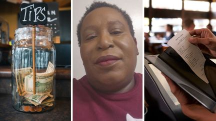tip jar (l) woman asks the internet about tipping experiences (c) Restaurant bill (r)