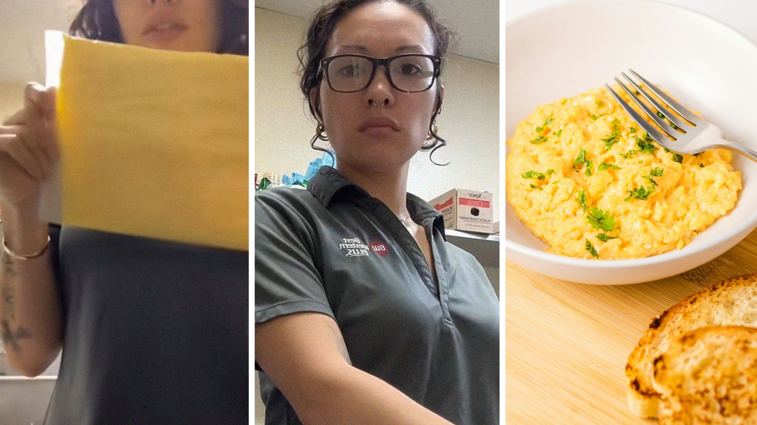 woman holding bag of raw eggs (l) woman shares how hotel eggs are cooked (c) scrambled eggs (r)