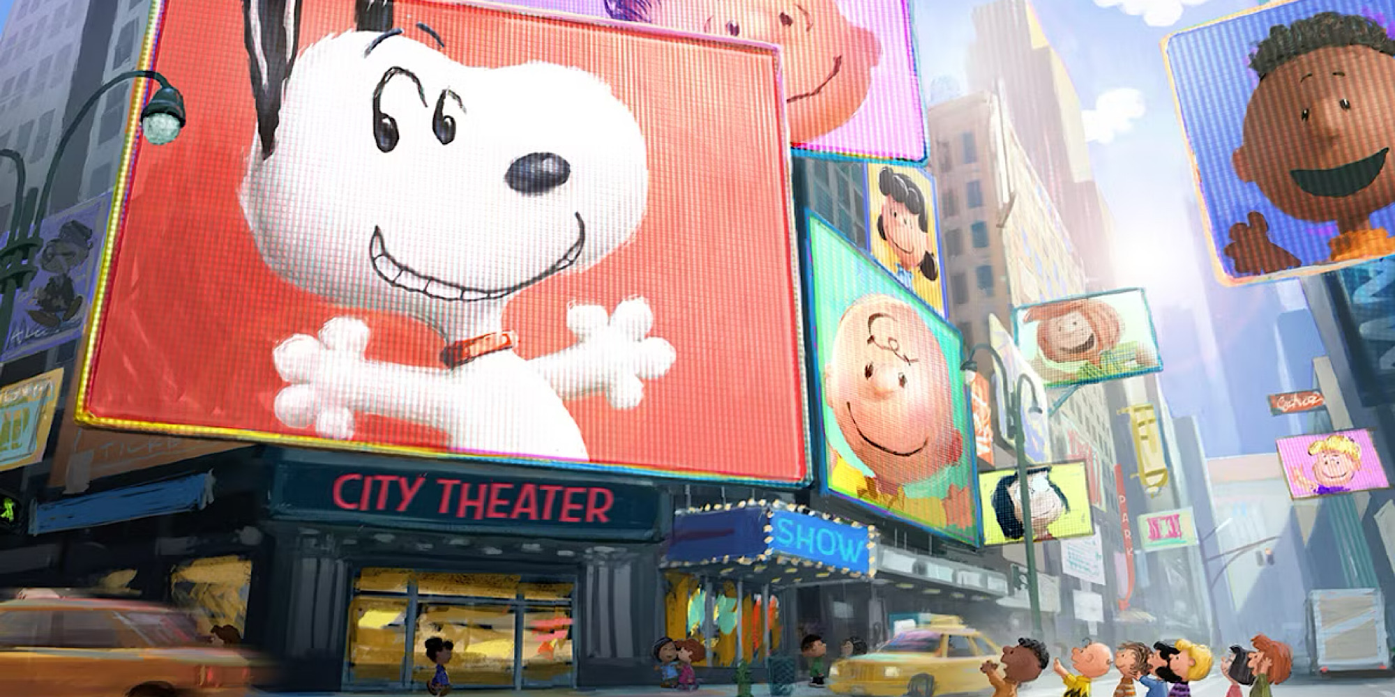 Billboards in a city showing a white cartoon beagle and children.