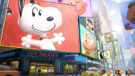 Billboards in a city showing a white cartoon beagle and children.