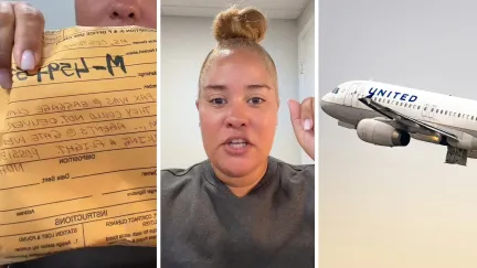 yellow envelope (l) woman shares airlines experience (c) United airlines (r)