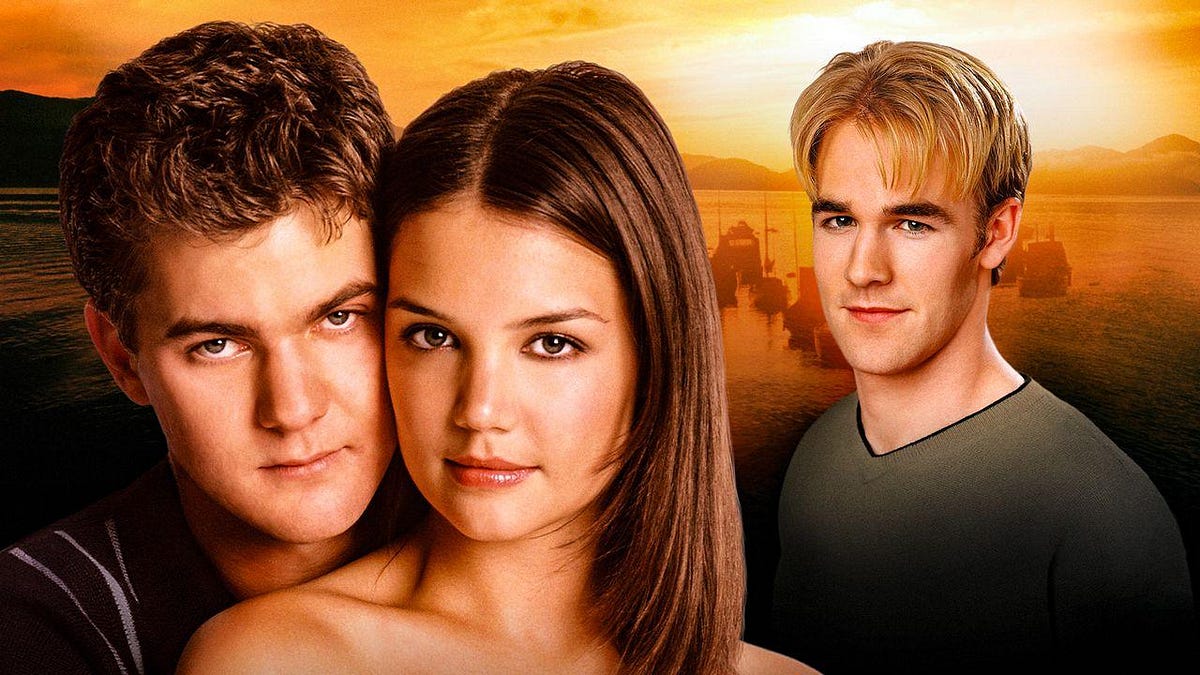 Joey Pacey and Dawson stand together at sunset in promo art for Dawson's Creek