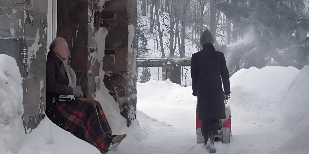 An older man watches a person walk with a snow blower; a still from the movie Dead of Winter
