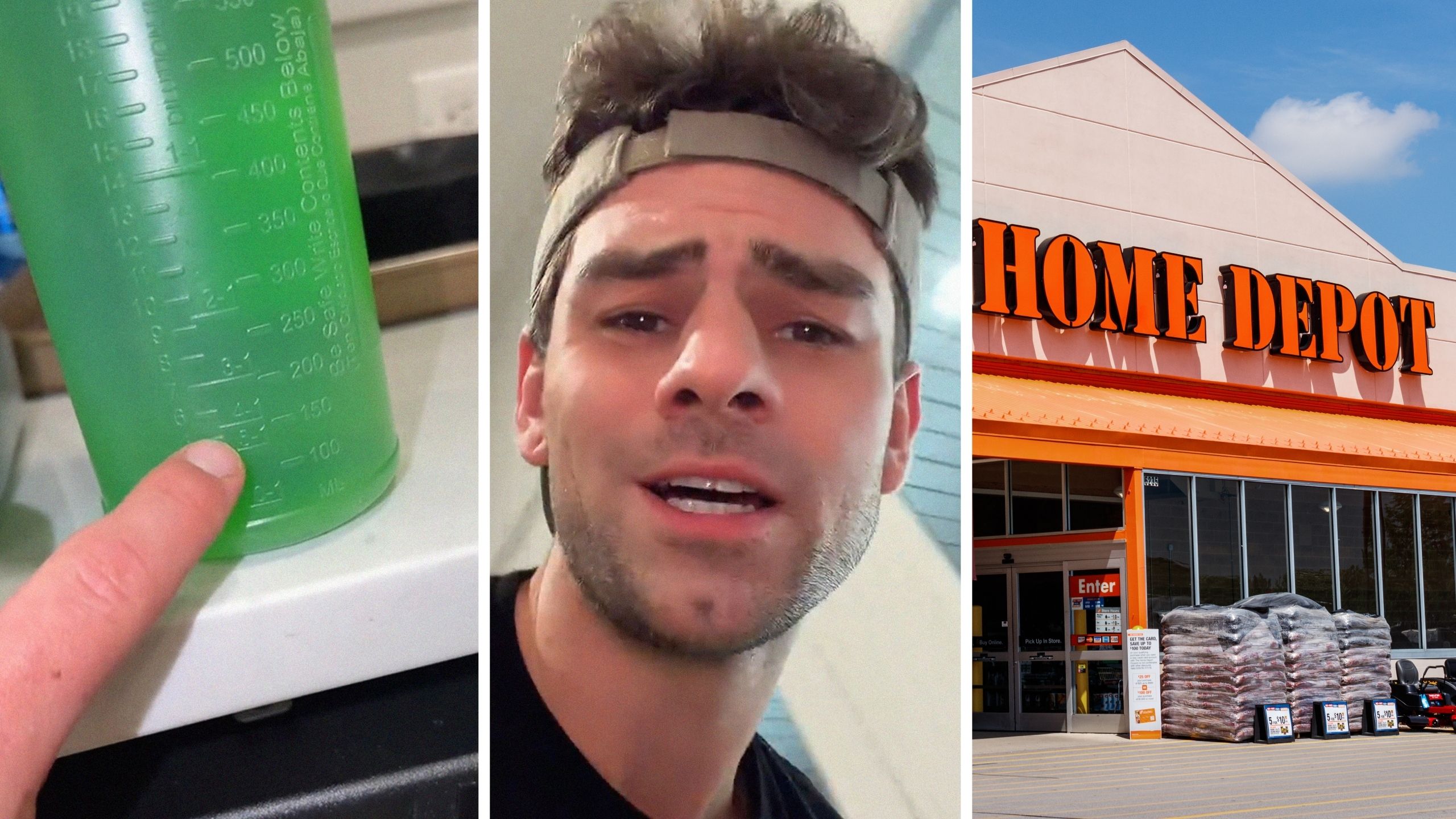 cleaning product (l) man shares cleaning supply hack (c) The home depot entrance (r)