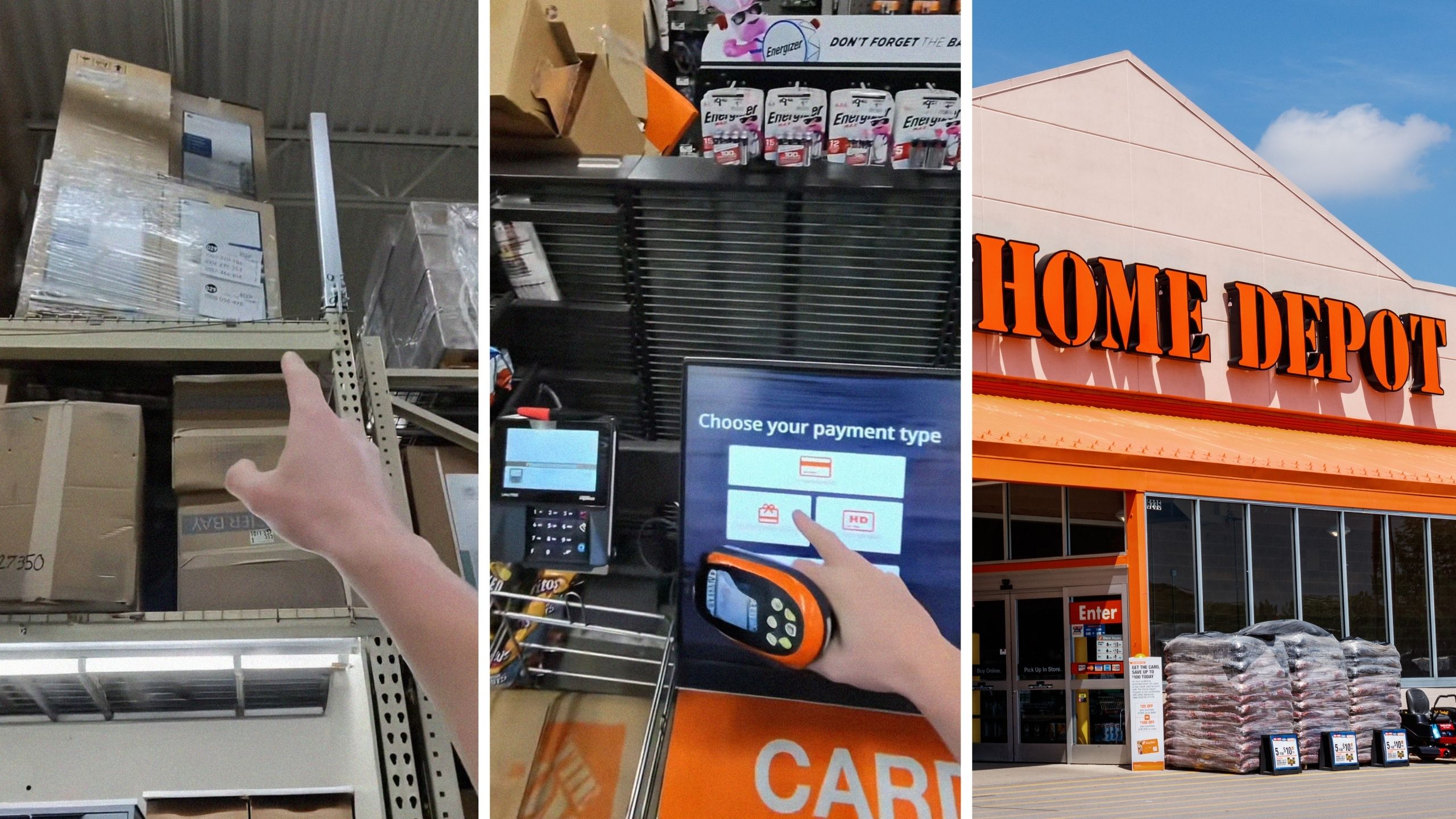 Man finds $1,100 vanity while shopping (l) man goes to self-checkout (c) The home depot storefront (r)