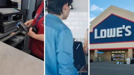 cashier area (l) man paying his goods (c) Lowe's storefront (r)