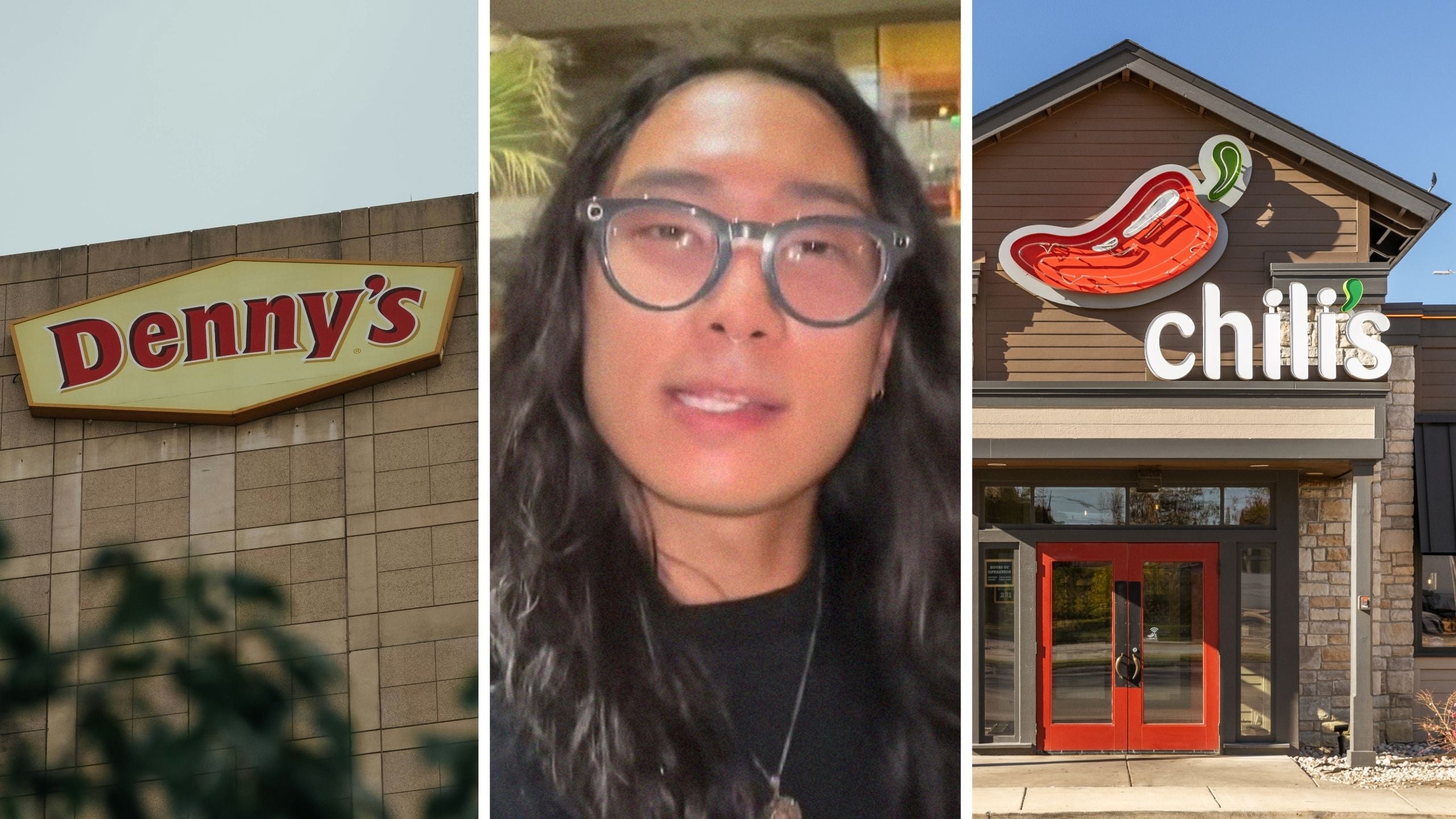 Denny's front entrance (l) man compares restaurant foods (c) Chili's entrance (r)