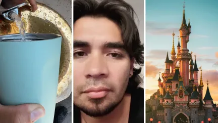 filling cup with water (l) man shares Disney warning (c) Disneyland castle (r)