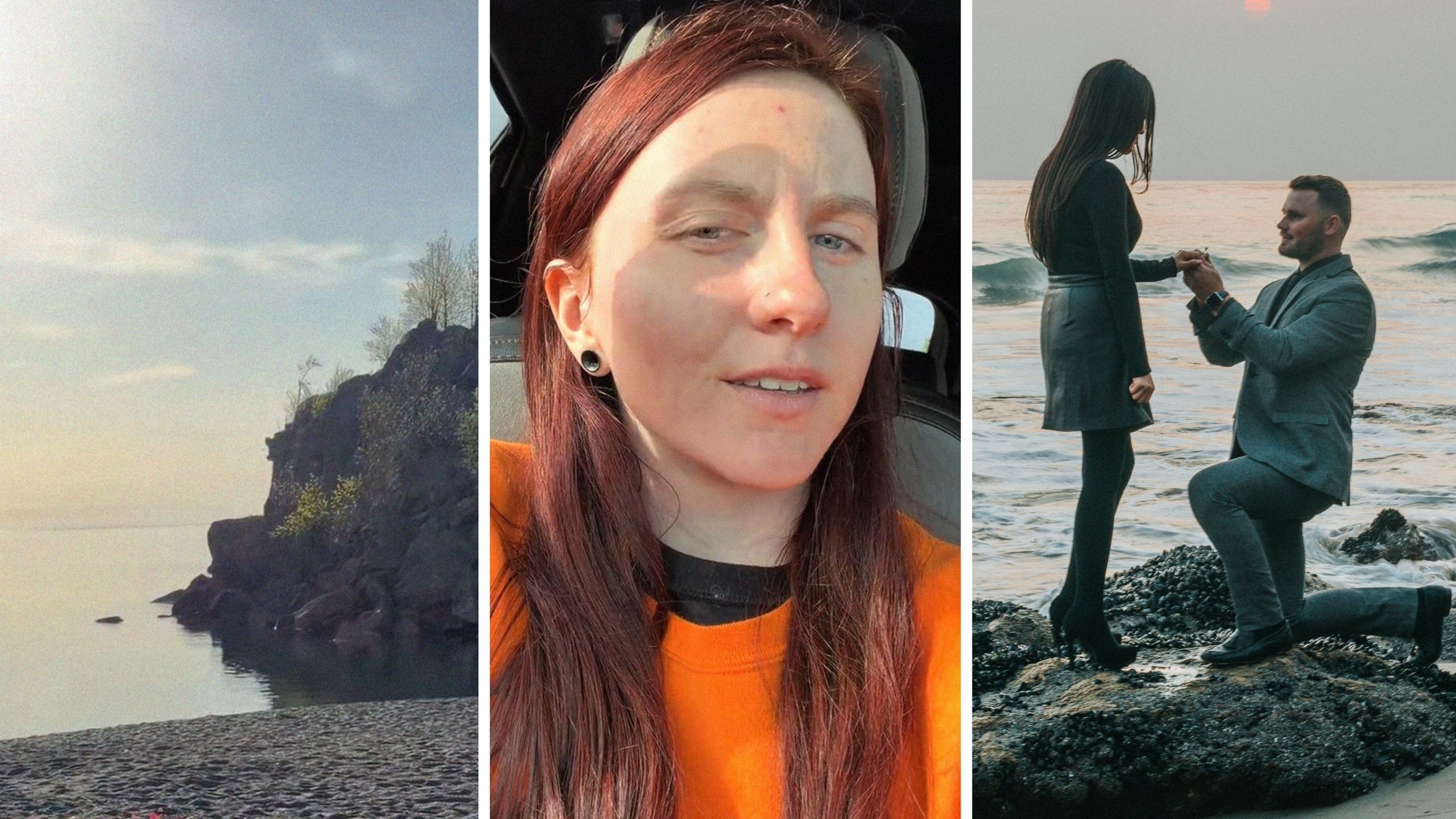 Minnesota’s North Shore (l) woman shares shore issue (c) Man proposes at Minnesota’s North Shore (r)