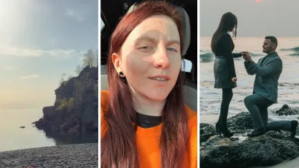 Minnesota’s North Shore (l) woman shares shore issue (c) Man proposes at Minnesota’s North Shore (r)