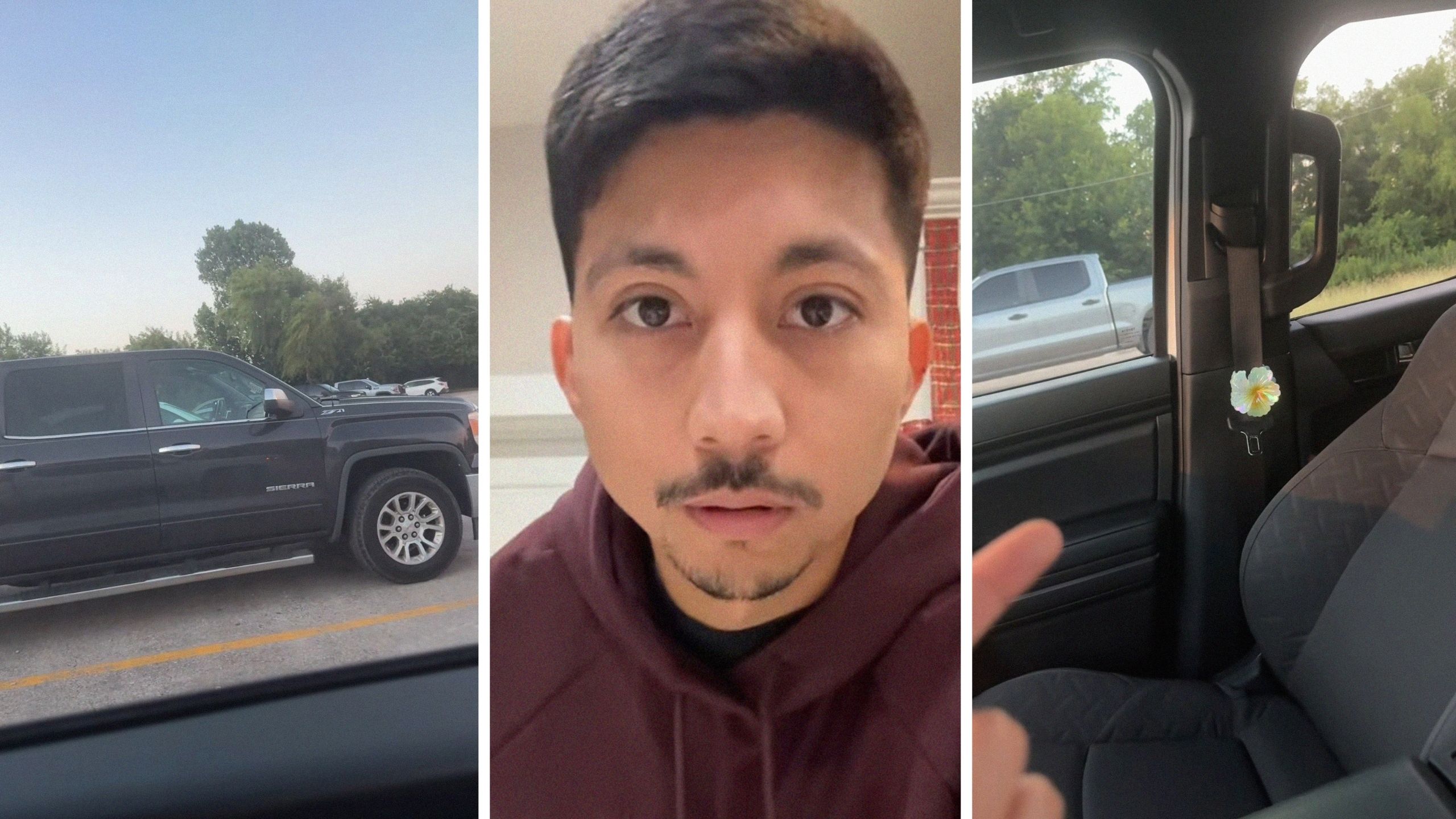 chevy sierra truck (l) man shares girls new secret (c) hair clip inside car (r)