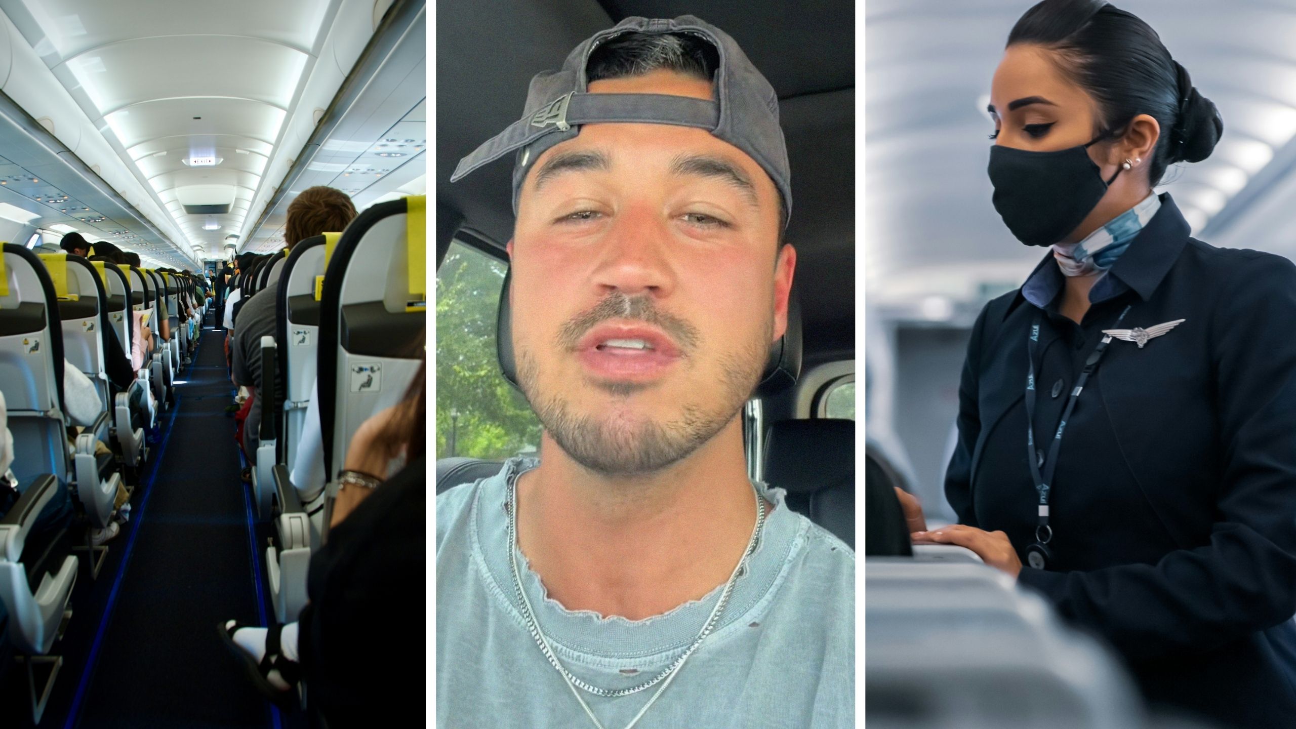 plane passengers (l) man shares flight experience (c) Flight attendant (r)