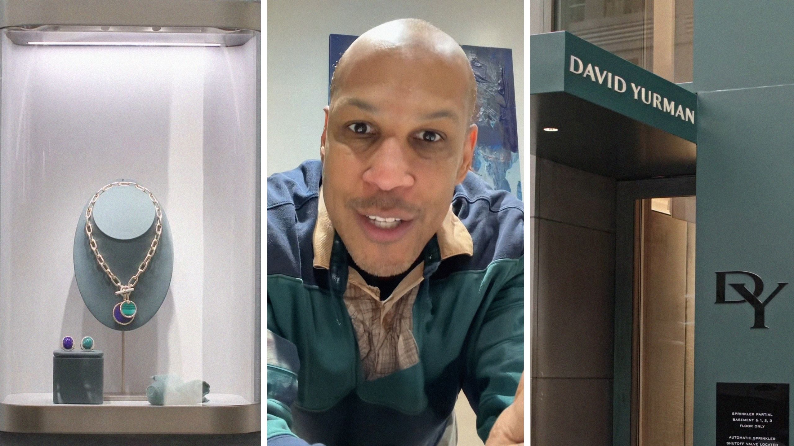 David Yurman jewelry set (l) man shares opinion on David Yurman jewelry (c) David Yurman jewelry storefront (r)