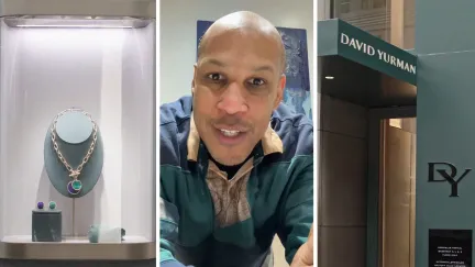 David Yurman jewelry set (l) man shares opinion on David Yurman jewelry (c) David Yurman jewelry storefront (r)