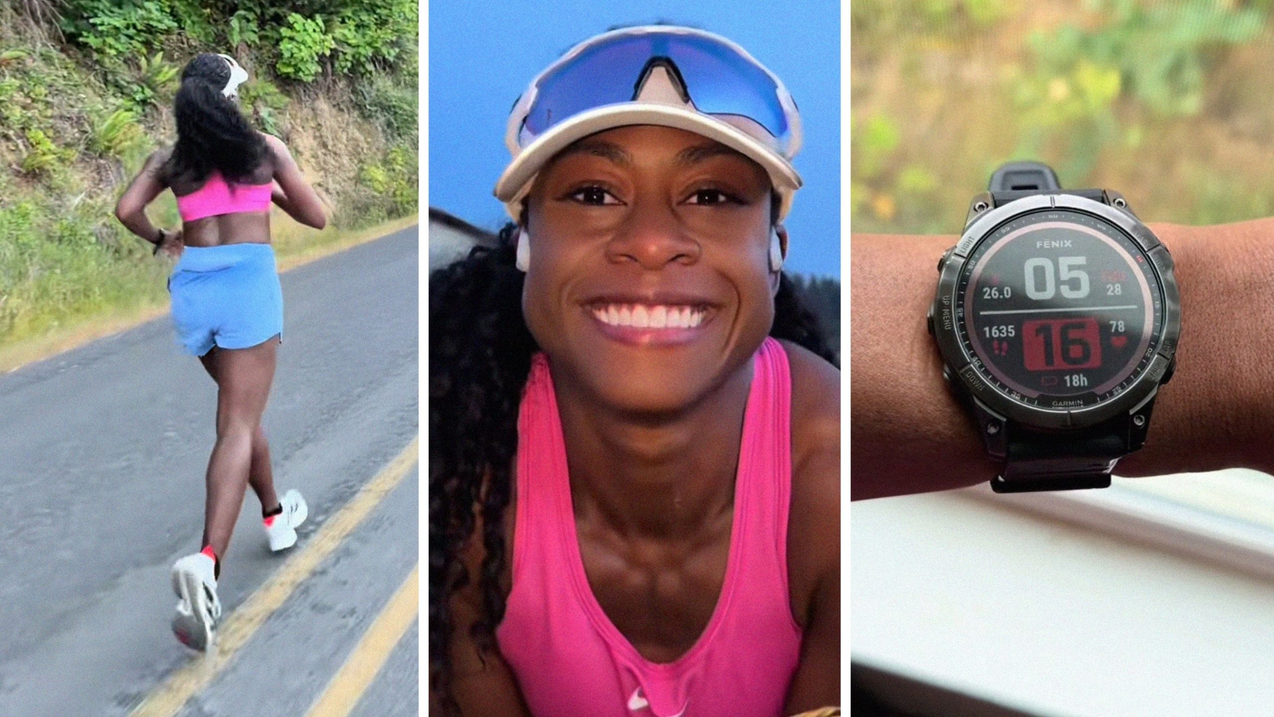 woman running (l) woman shares watch issue (c) Garmin watch on wrist (r)