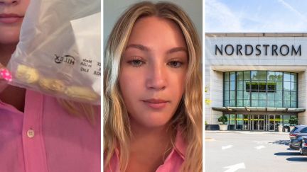 bag of peanuts (l) woman shares Nordstrom package issue (c) Nordstrom storefront (r)
