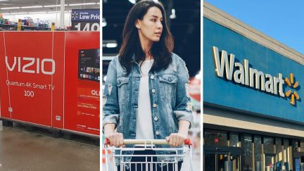 Vizio 100 inch TV (l) woman with shopping cart (c) walmart storefront (r)
