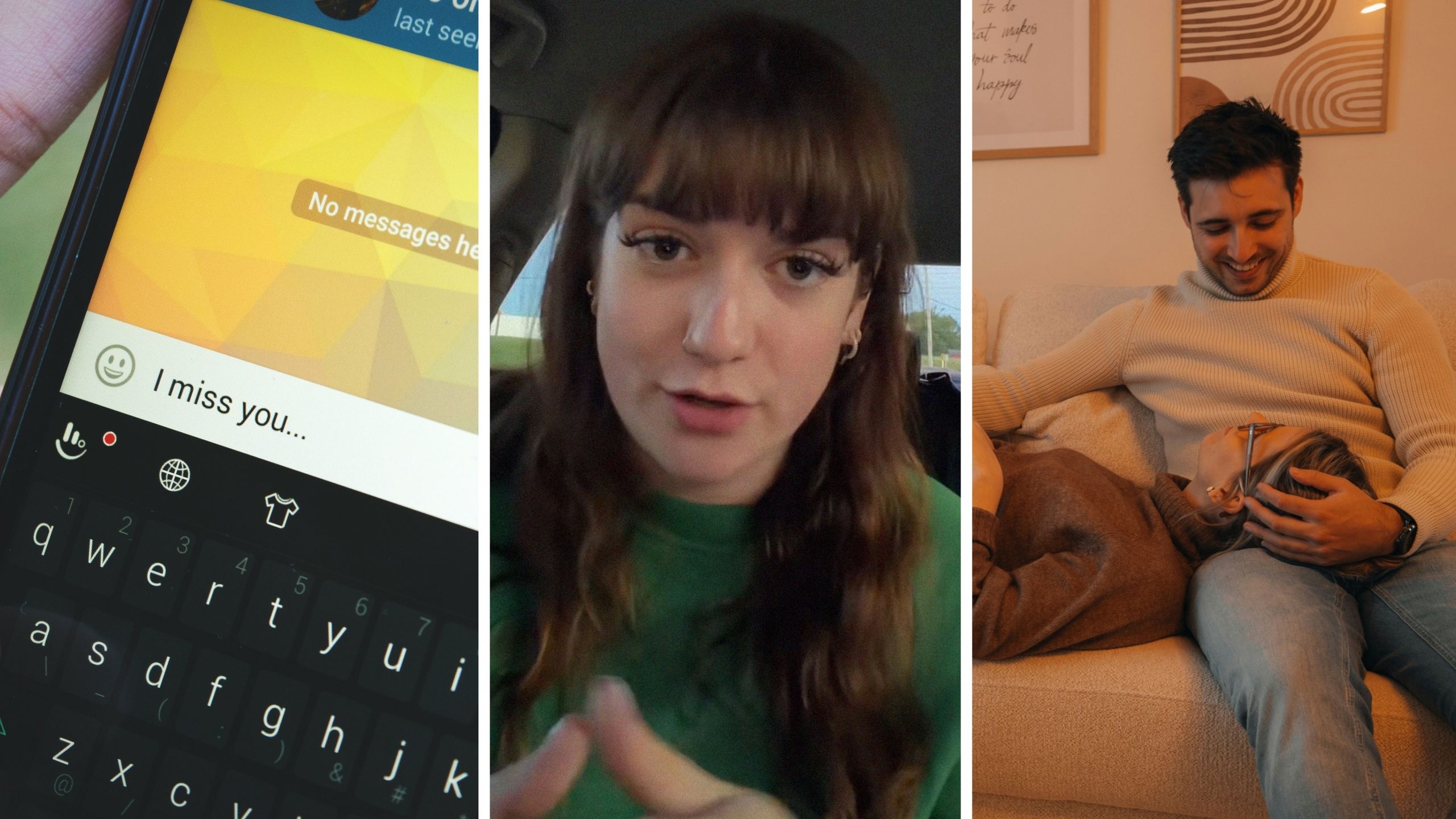cute test message (l) woman shares dating experience (c) man and woman on couche (r)