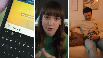 cute test message (l) woman shares dating experience (c) man and woman on couche (r)