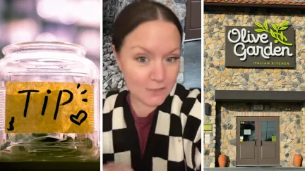 tip jar (l) woman comments on servers work issue (c) Olive Garden entrance (r)