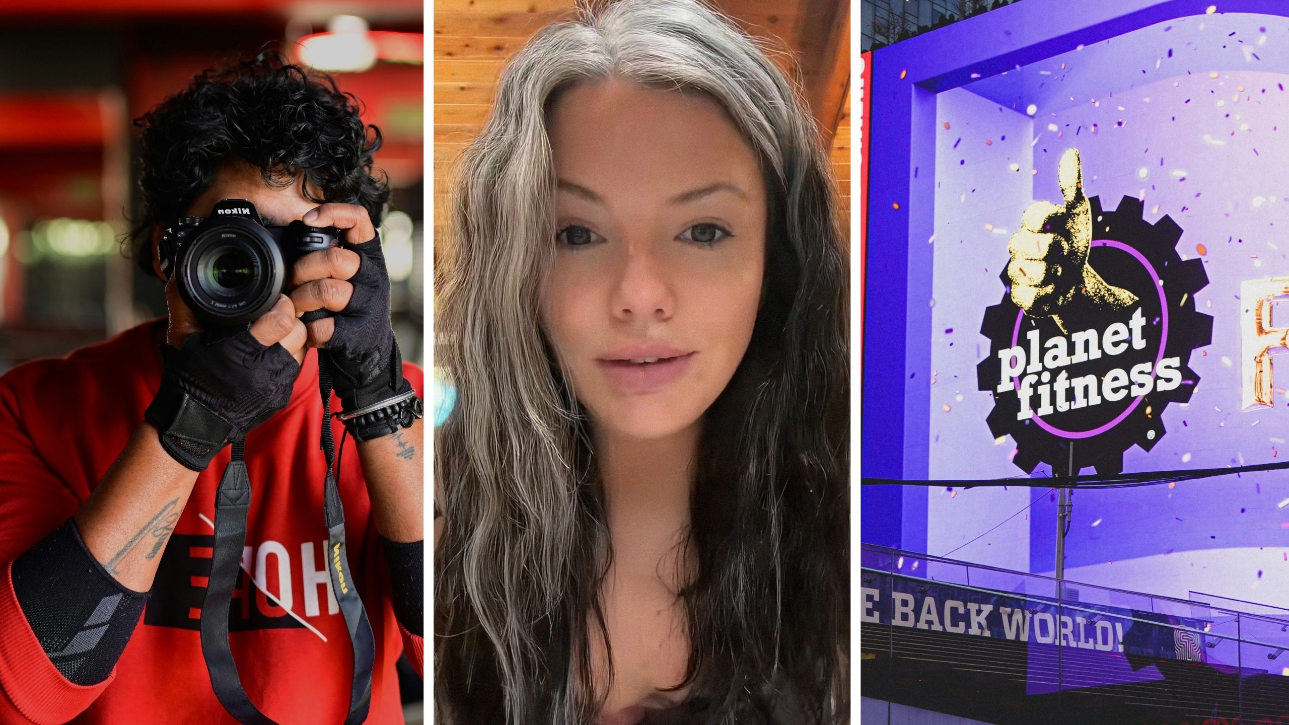 man recording woman (l) woman shares gym issue (c) Planet fitness entrance (r)