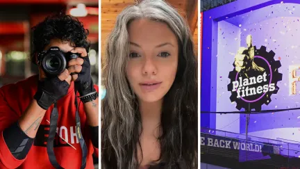 man recording woman (l) woman shares gym issue (c) Planet fitness entrance (r)