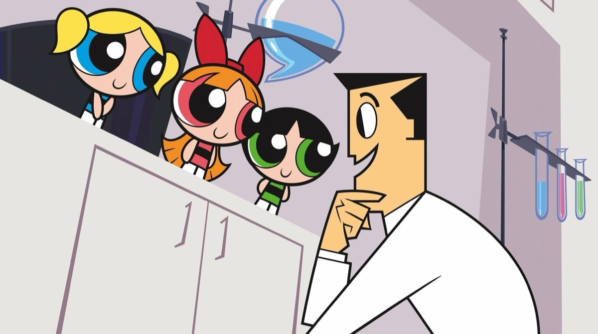 Professor Utonium talks to the Powerpuff Girls in The Power Puff Girls movie