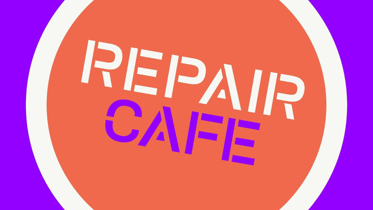 purple and orange logo for repair cafe