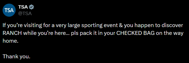 TSA's Tweet about Ranch.