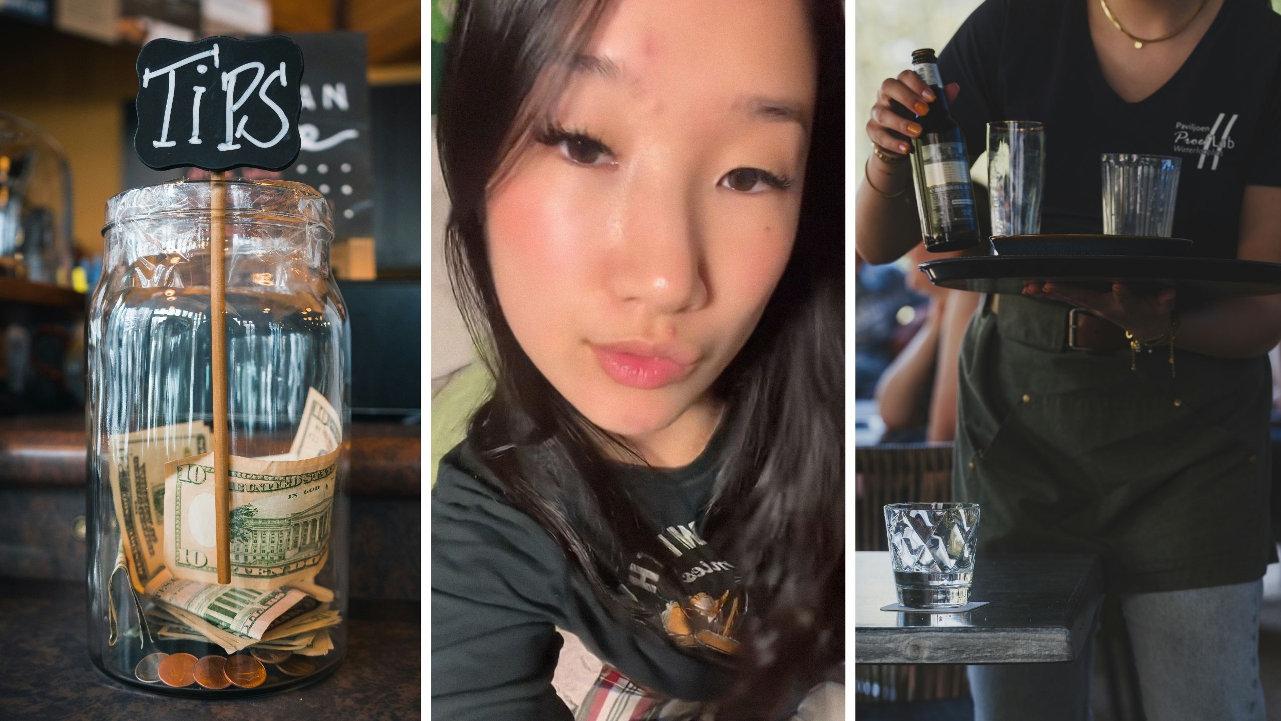 tip jar (l) woman shares tips issue (c) waitress at work (r)