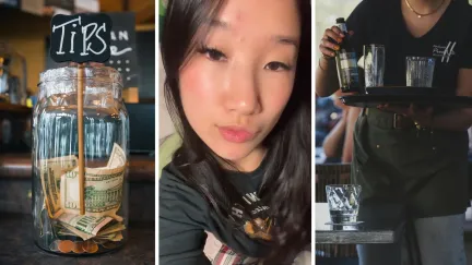 tip jar (l) woman shares tips issue (c) waitress at work (r)