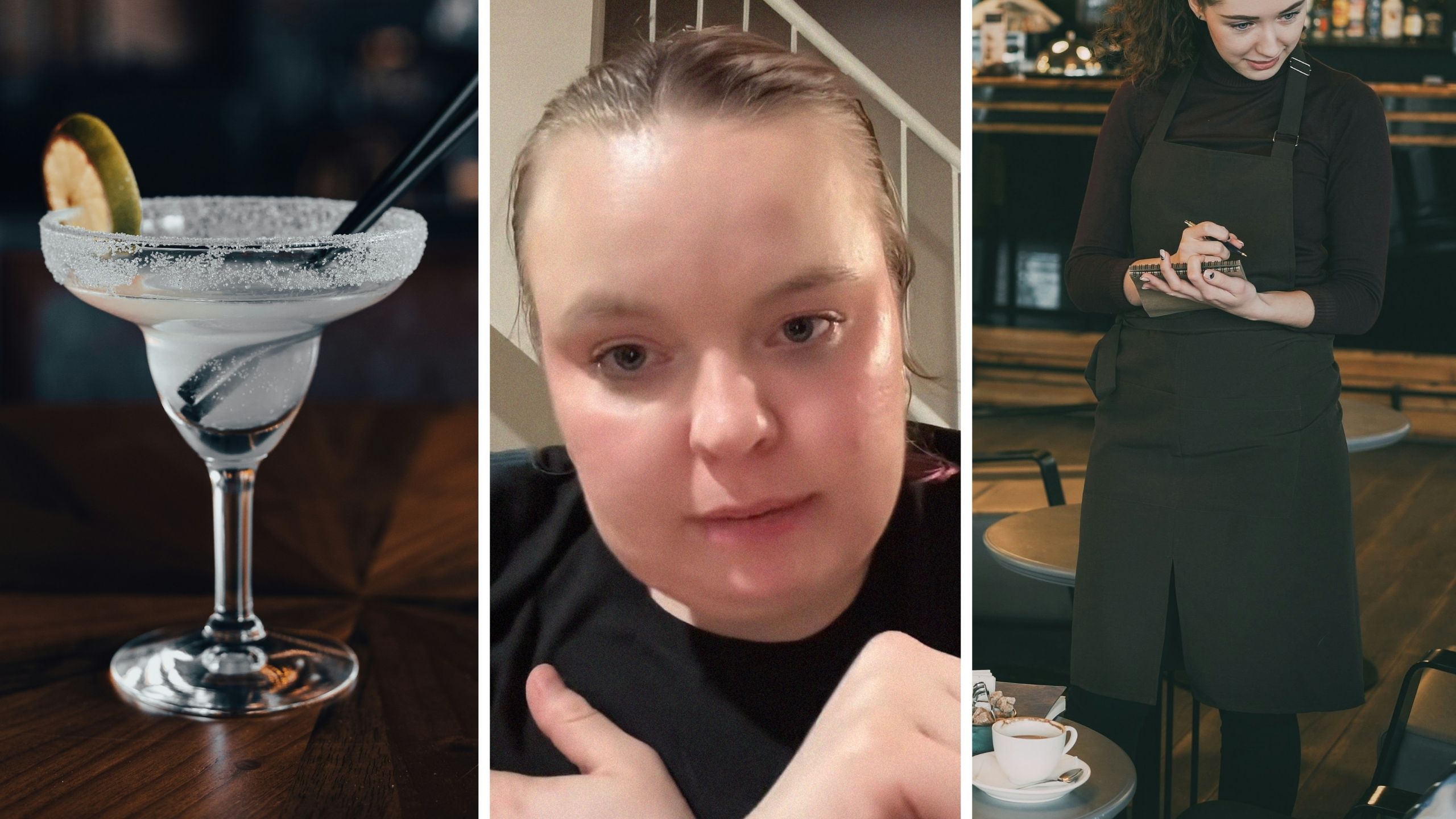 classic margarita (l) woman shares job experience as a server (c) server taking drink order (r)