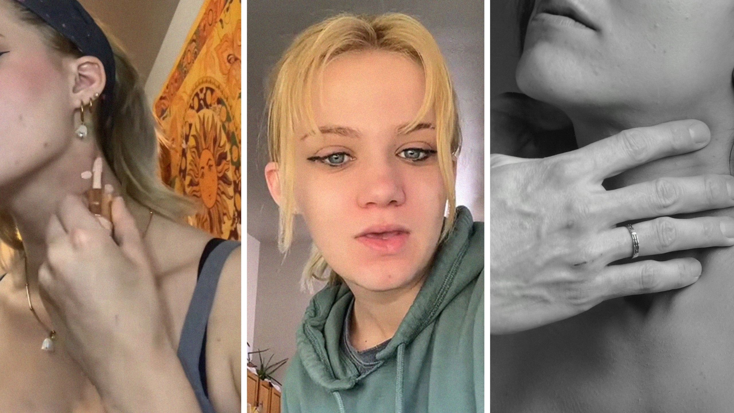 woman putting makeup on neck (l) woman shares job experiences (c) choking a womans neck (r)