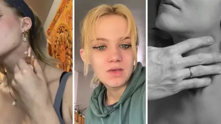 woman putting makeup on neck (l) woman shares job experiences (c) choking a womans neck (r)