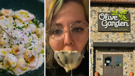 chicken gnocchi soup (l) woman shares olive garden order (c) Olive Garden entrance (r)