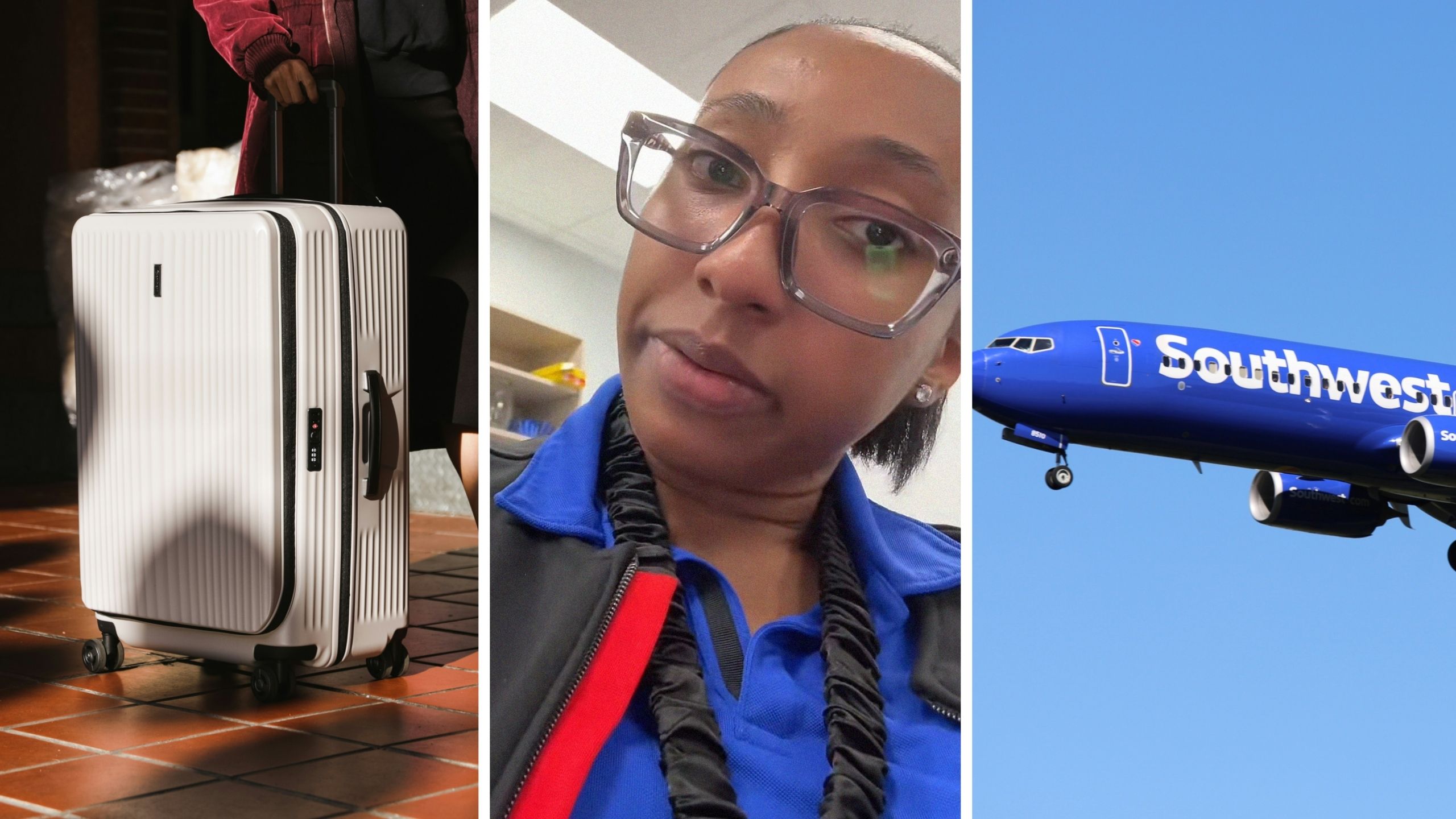 check-in bag (l) southwest worker shares bag tips (c) Southwest airlines (r)
