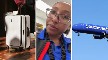 check-in bag (l) southwest worker shares bag tips (c) Southwest airlines (r)